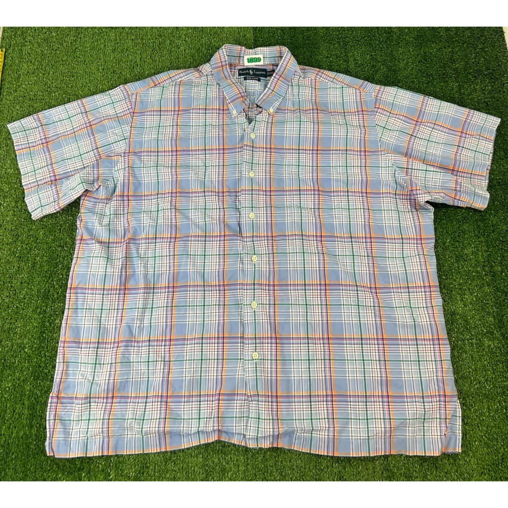 Ralph Lauren Bob Camp Mens XXL Blue Plaid Short Sleeve Button Down Shirt